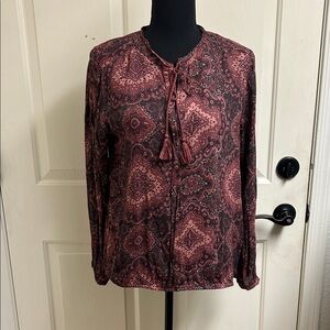 Lucky Brand Burgundy Floral, Size M, Peasant Long Sleeve Keyhole Tassel Blouse